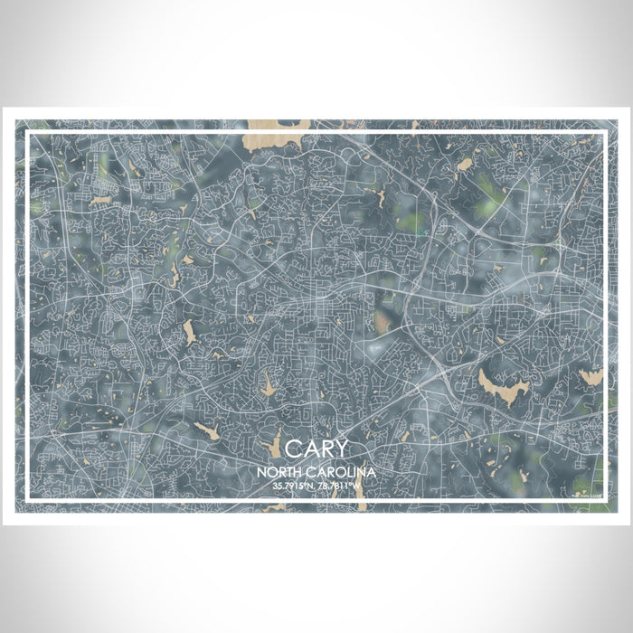 Cary North Carolina Map Print Landscape Orientation in Afternoon Style With Shaded Background