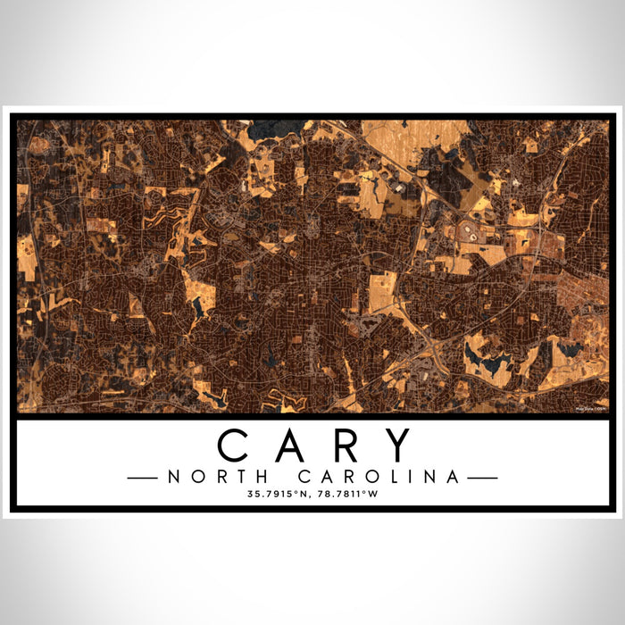 Cary North Carolina Map Print Landscape Orientation in Ember Style With Shaded Background