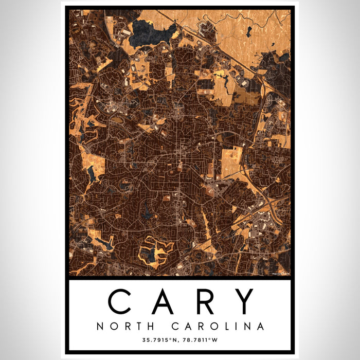 Cary North Carolina Map Print Portrait Orientation in Ember Style With Shaded Background