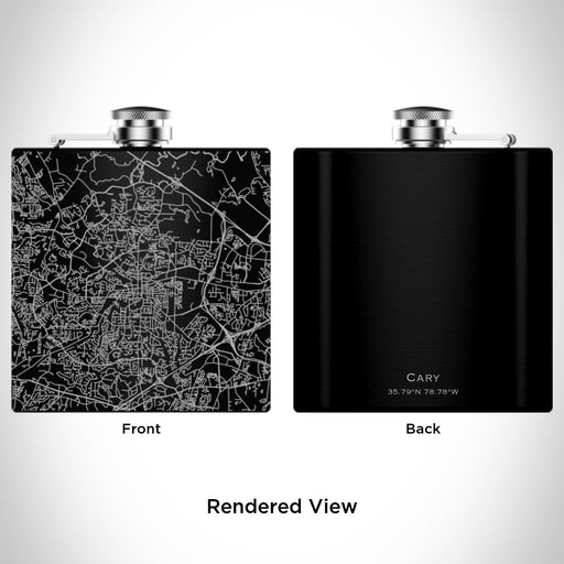 Rendered View of Cary North Carolina Map Engraving on 6oz Stainless Steel Flask in Black