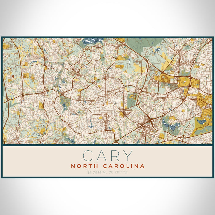 Cary North Carolina Map Print Landscape Orientation in Woodblock Style With Shaded Background