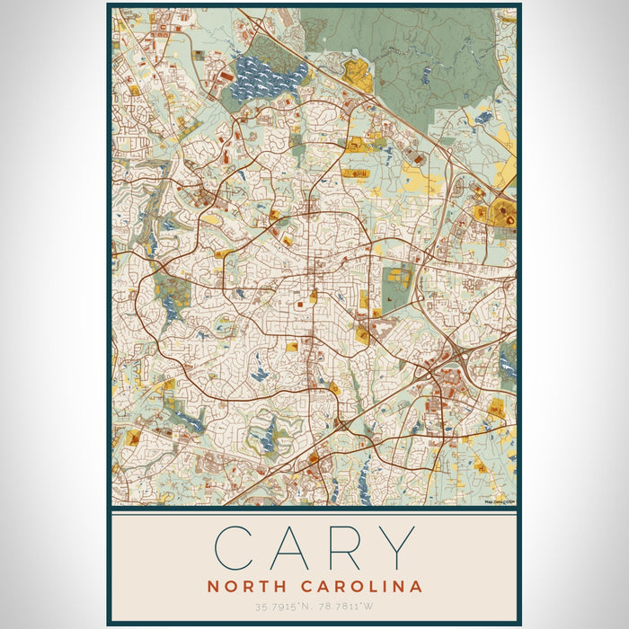 Cary North Carolina Map Print Portrait Orientation in Woodblock Style With Shaded Background