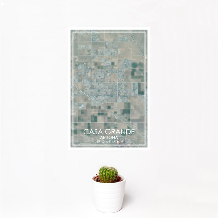 12x18 Casa Grande Arizona Map Print Portrait Orientation in Afternoon Style With Small Cactus Plant in White Planter