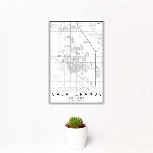 12x18 Casa Grande Arizona Map Print Portrait Orientation in Classic Style With Small Cactus Plant in White Planter