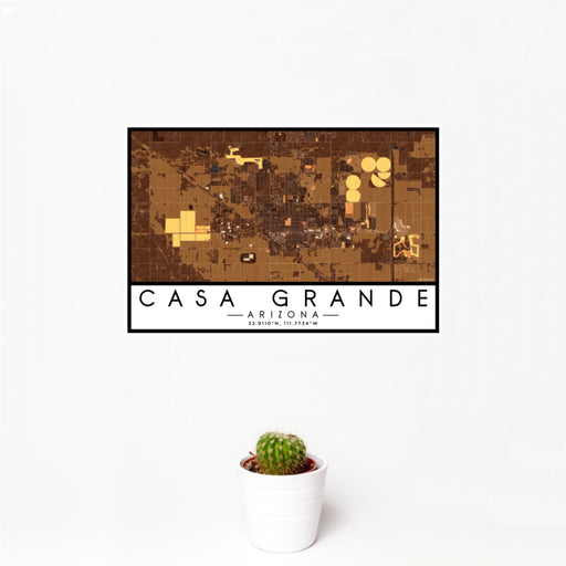 12x18 Casa Grande Arizona Map Print Landscape Orientation in Ember Style With Small Cactus Plant in White Planter