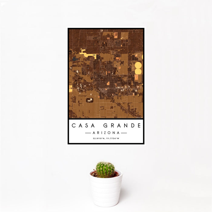 12x18 Casa Grande Arizona Map Print Portrait Orientation in Ember Style With Small Cactus Plant in White Planter