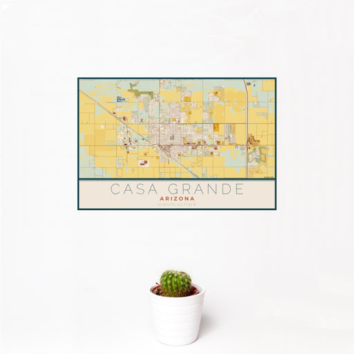 12x18 Casa Grande Arizona Map Print Landscape Orientation in Woodblock Style With Small Cactus Plant in White Planter