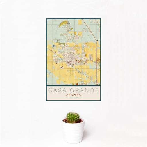 12x18 Casa Grande Arizona Map Print Portrait Orientation in Woodblock Style With Small Cactus Plant in White Planter