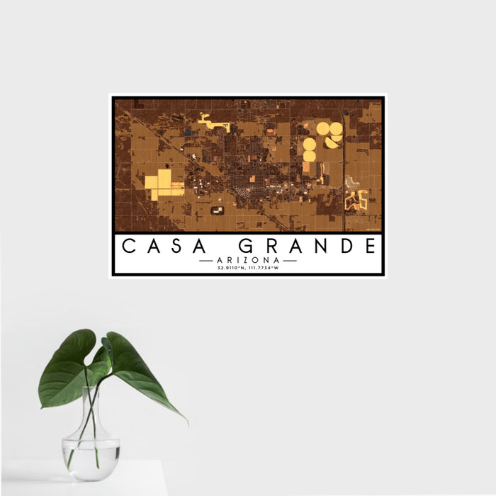 16x24 Casa Grande Arizona Map Print Landscape Orientation in Ember Style With Tropical Plant Leaves in Water