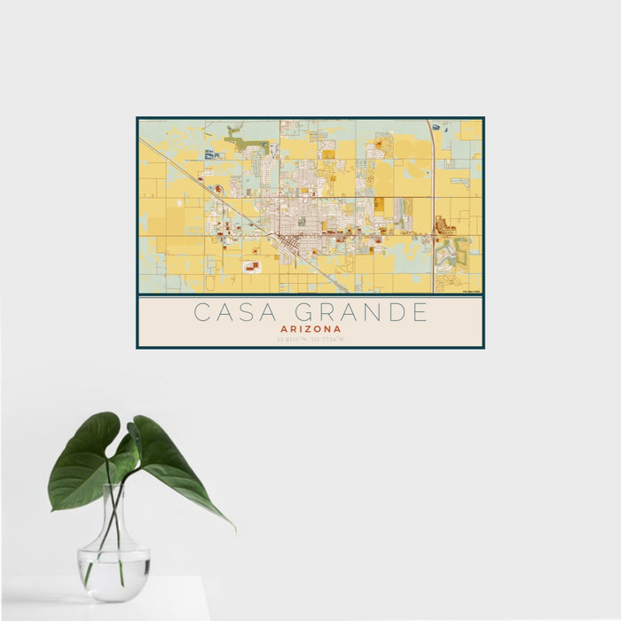 16x24 Casa Grande Arizona Map Print Landscape Orientation in Woodblock Style With Tropical Plant Leaves in Water