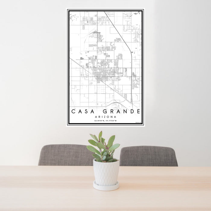 24x36 Casa Grande Arizona Map Print Portrait Orientation in Classic Style Behind 2 Chairs Table and Potted Plant