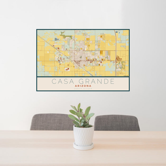 24x36 Casa Grande Arizona Map Print Lanscape Orientation in Woodblock Style Behind 2 Chairs Table and Potted Plant