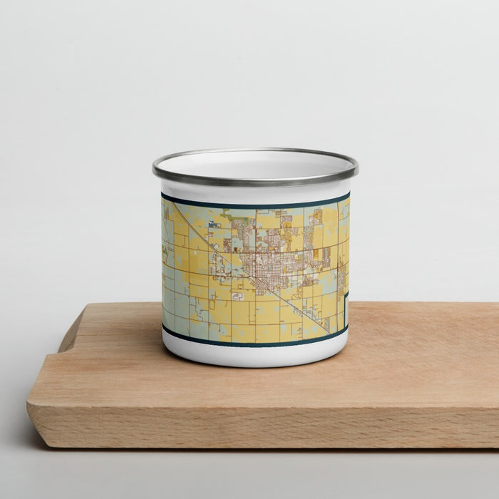Front View Custom Casa Grande Arizona Map Enamel Mug in Woodblock on Cutting Board