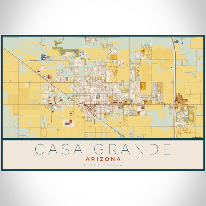 Casa Grande Arizona Map Print Landscape Orientation in Woodblock Style With Shaded Background