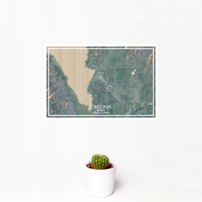 12x18 Cascade Idaho Map Print Landscape Orientation in Afternoon Style With Small Cactus Plant in White Planter