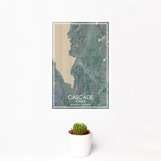 12x18 Cascade Idaho Map Print Portrait Orientation in Afternoon Style With Small Cactus Plant in White Planter