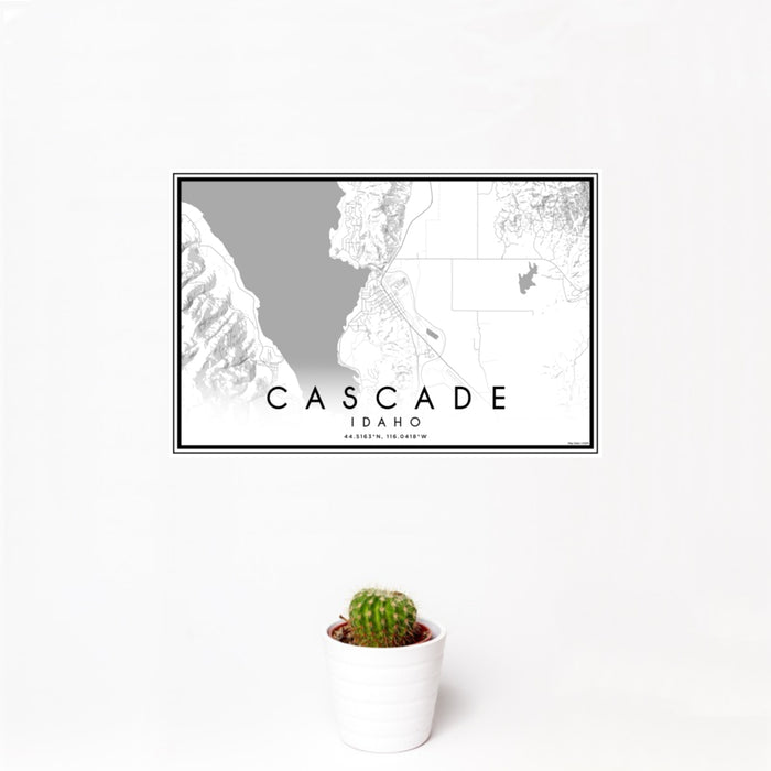 12x18 Cascade Idaho Map Print Landscape Orientation in Classic Style With Small Cactus Plant in White Planter