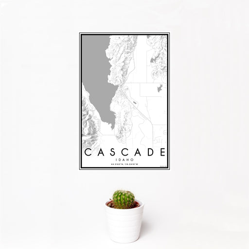 12x18 Cascade Idaho Map Print Portrait Orientation in Classic Style With Small Cactus Plant in White Planter