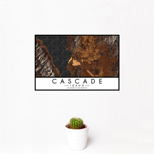 12x18 Cascade Idaho Map Print Landscape Orientation in Ember Style With Small Cactus Plant in White Planter