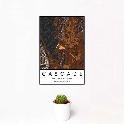 12x18 Cascade Idaho Map Print Portrait Orientation in Ember Style With Small Cactus Plant in White Planter