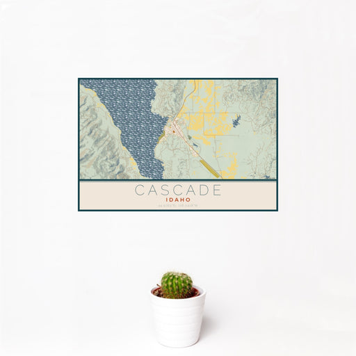 12x18 Cascade Idaho Map Print Landscape Orientation in Woodblock Style With Small Cactus Plant in White Planter