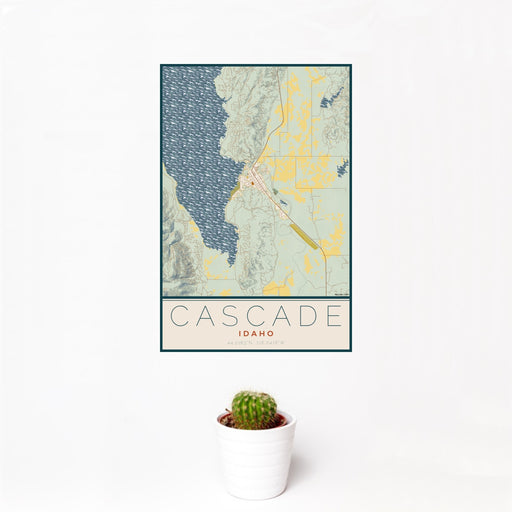 12x18 Cascade Idaho Map Print Portrait Orientation in Woodblock Style With Small Cactus Plant in White Planter