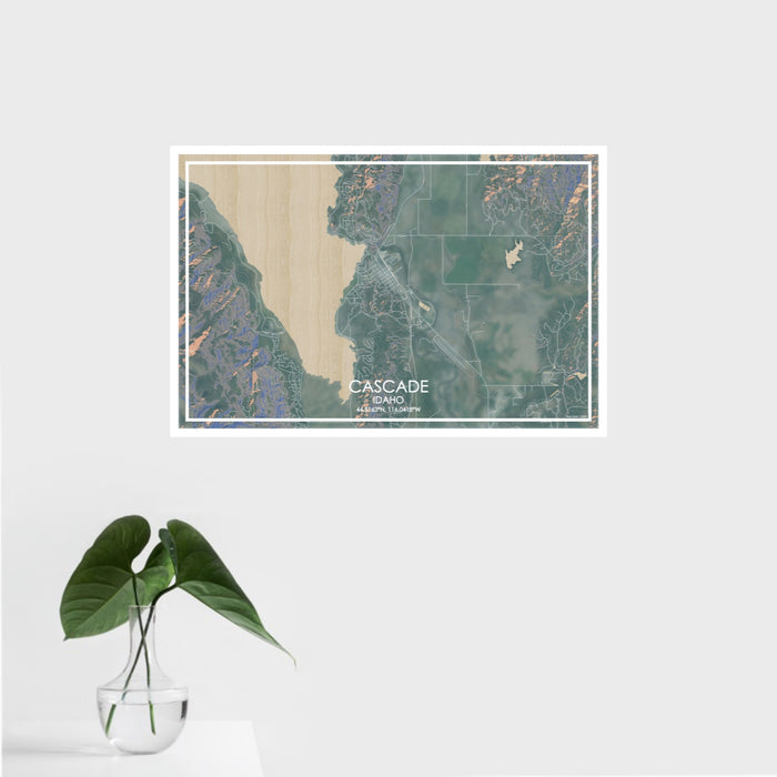 16x24 Cascade Idaho Map Print Landscape Orientation in Afternoon Style With Tropical Plant Leaves in Water