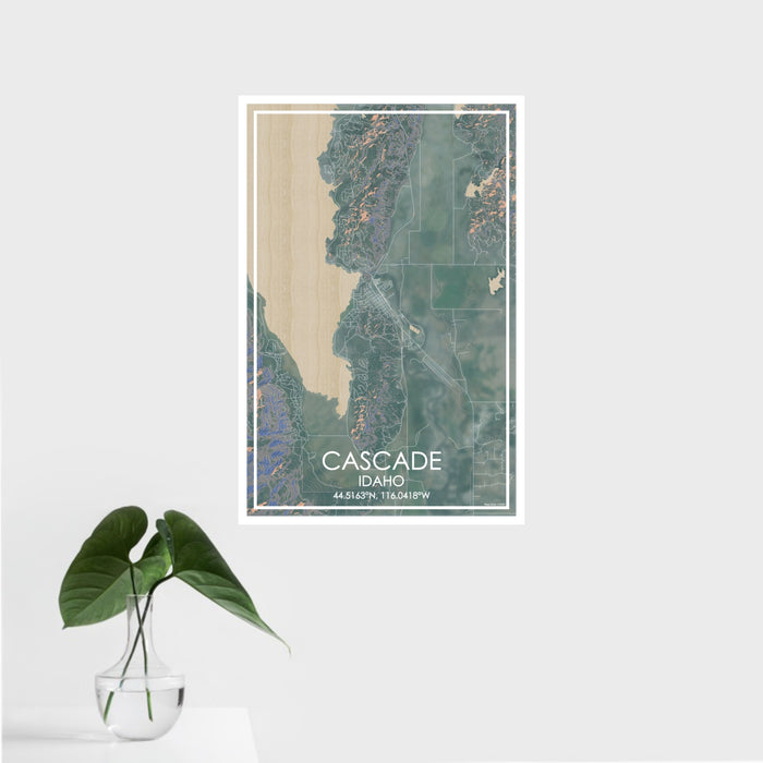 16x24 Cascade Idaho Map Print Portrait Orientation in Afternoon Style With Tropical Plant Leaves in Water
