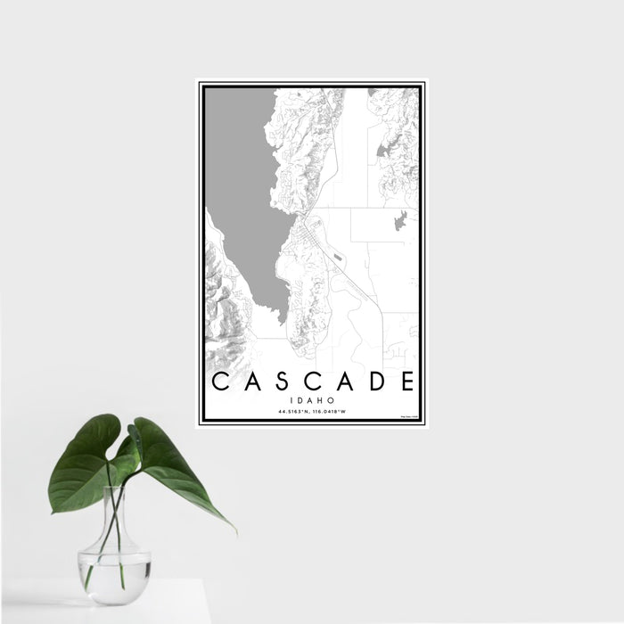 16x24 Cascade Idaho Map Print Portrait Orientation in Classic Style With Tropical Plant Leaves in Water