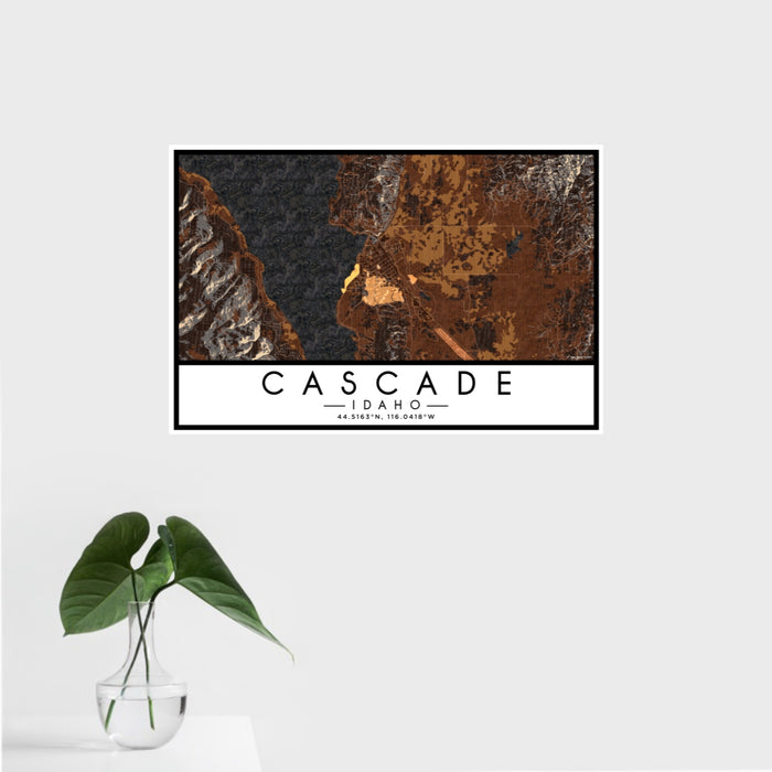16x24 Cascade Idaho Map Print Landscape Orientation in Ember Style With Tropical Plant Leaves in Water