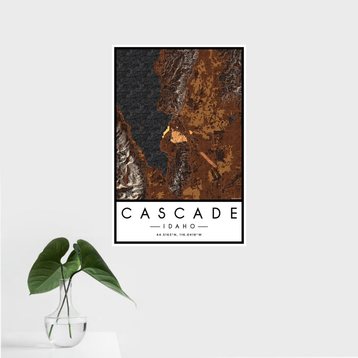 16x24 Cascade Idaho Map Print Portrait Orientation in Ember Style With Tropical Plant Leaves in Water