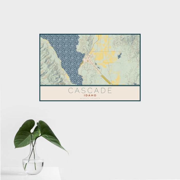 16x24 Cascade Idaho Map Print Landscape Orientation in Woodblock Style With Tropical Plant Leaves in Water