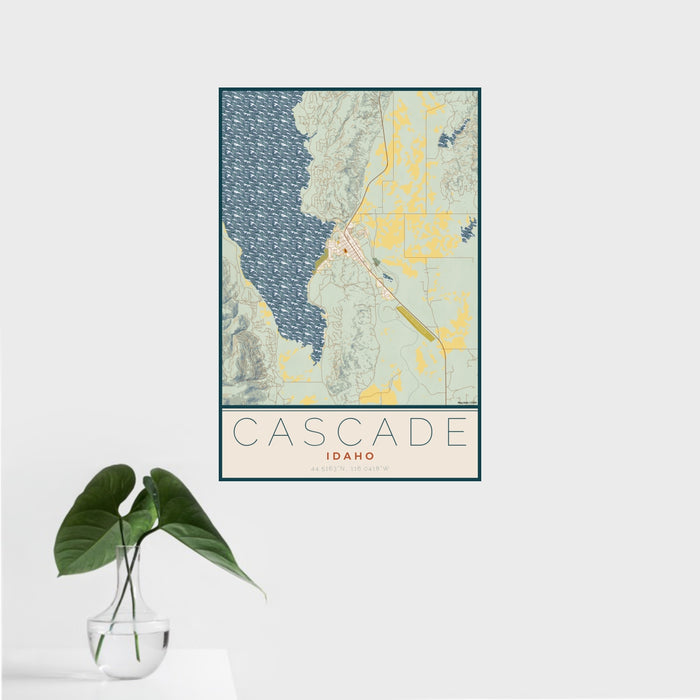 16x24 Cascade Idaho Map Print Portrait Orientation in Woodblock Style With Tropical Plant Leaves in Water