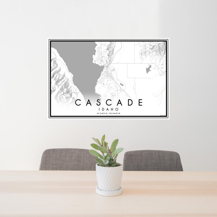 24x36 Cascade Idaho Map Print Lanscape Orientation in Classic Style Behind 2 Chairs Table and Potted Plant