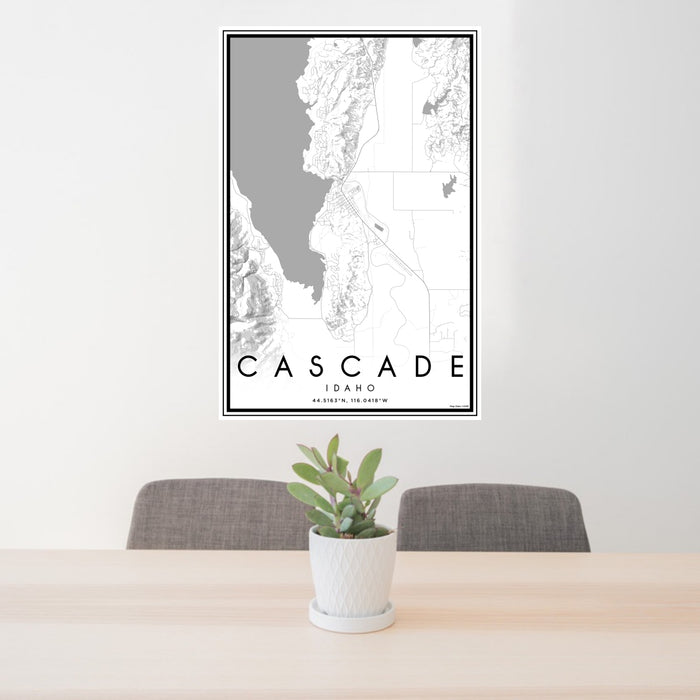 24x36 Cascade Idaho Map Print Portrait Orientation in Classic Style Behind 2 Chairs Table and Potted Plant