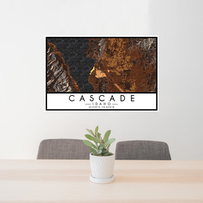 24x36 Cascade Idaho Map Print Lanscape Orientation in Ember Style Behind 2 Chairs Table and Potted Plant