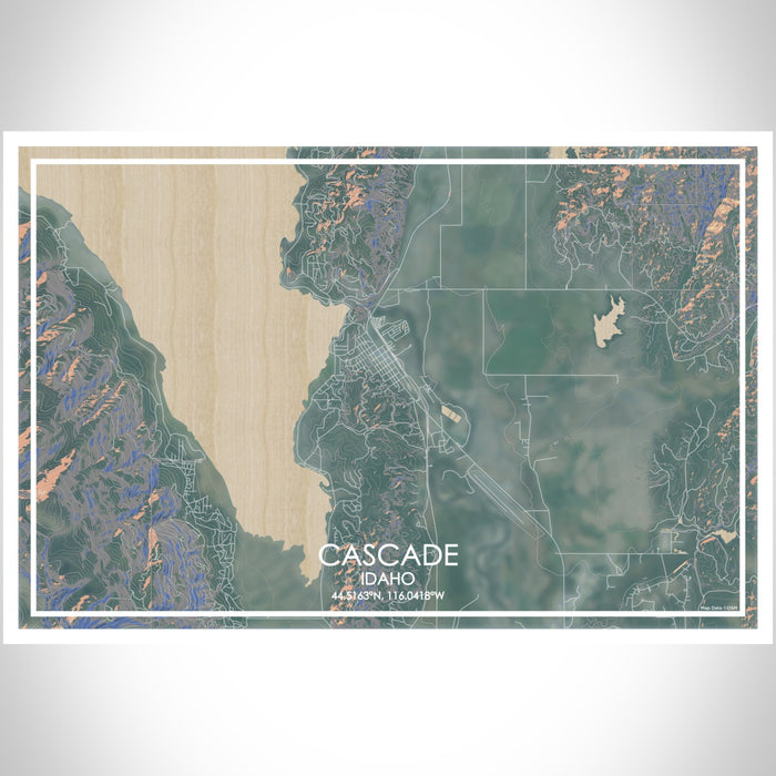 Cascade Idaho Map Print Landscape Orientation in Afternoon Style With Shaded Background