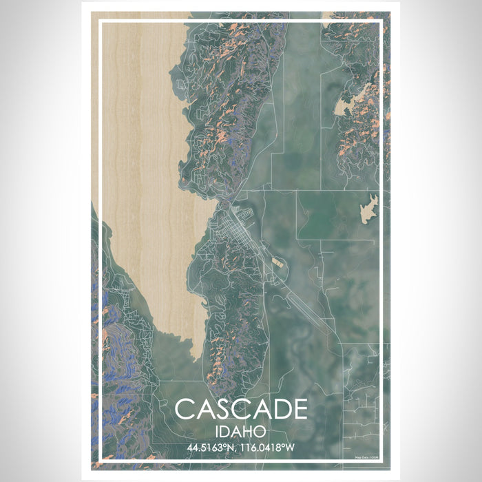 Cascade Idaho Map Print Portrait Orientation in Afternoon Style With Shaded Background