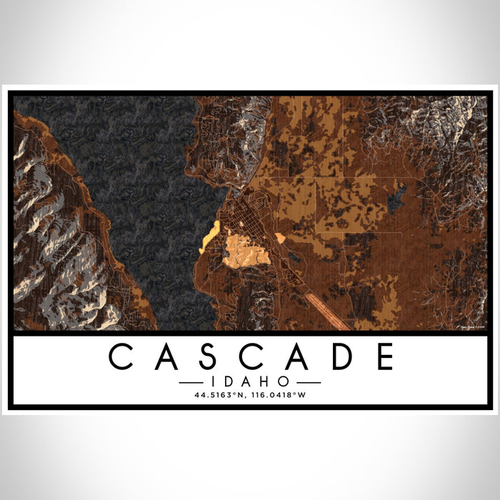 Cascade Idaho Map Print Landscape Orientation in Ember Style With Shaded Background