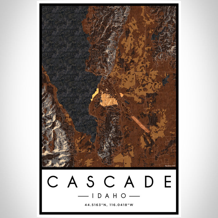 Cascade Idaho Map Print Portrait Orientation in Ember Style With Shaded Background