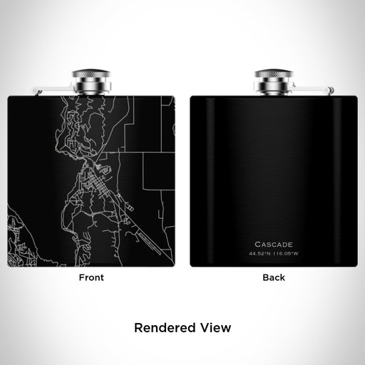 Rendered View of Cascade Idaho Map Engraving on 6oz Stainless Steel Flask in Black