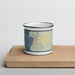 Front View Custom Cascade Idaho Map Enamel Mug in Woodblock on Cutting Board