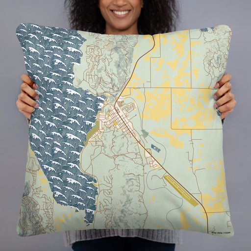 Person holding 22x22 Custom Cascade Idaho Map Throw Pillow in Woodblock