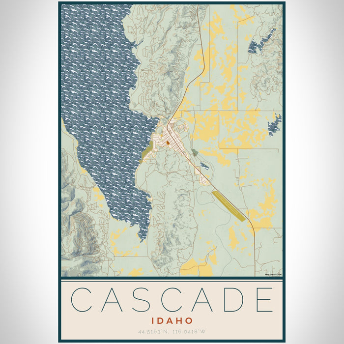 Cascade Idaho Map Print Portrait Orientation in Woodblock Style With Shaded Background