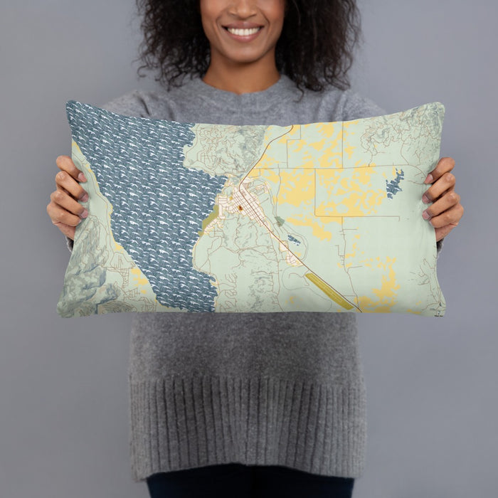 Person holding 20x12 Custom Cascade Idaho Map Throw Pillow in Woodblock