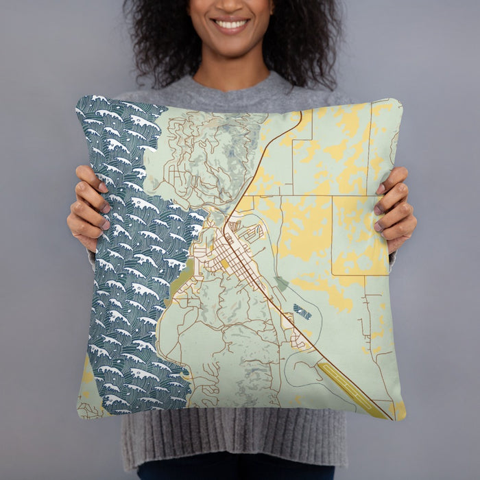 Person holding 18x18 Custom Cascade Idaho Map Throw Pillow in Woodblock