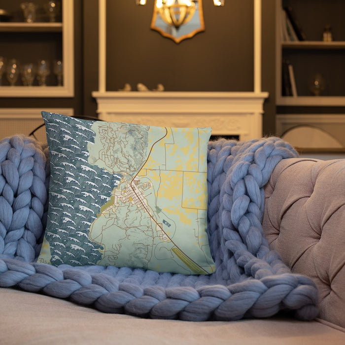 Custom Cascade Idaho Map Throw Pillow in Woodblock on Cream Colored Couch