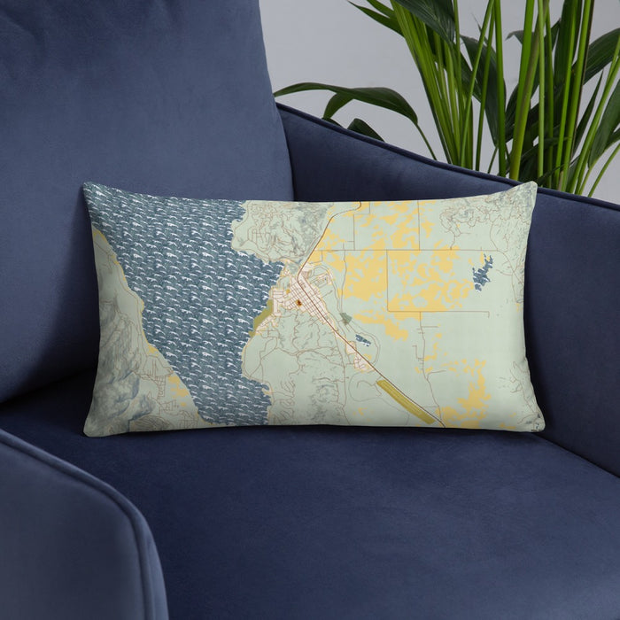 Custom Cascade Idaho Map Throw Pillow in Woodblock on Blue Colored Chair