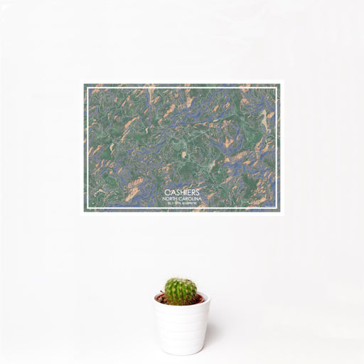 12x18 Cashiers North Carolina Map Print Landscape Orientation in Afternoon Style With Small Cactus Plant in White Planter