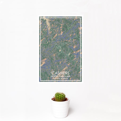 12x18 Cashiers North Carolina Map Print Portrait Orientation in Afternoon Style With Small Cactus Plant in White Planter